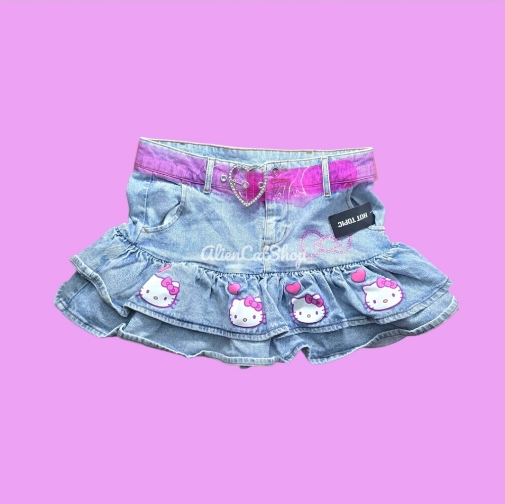 **NEW** Hello Kitty Pink Heart Belt Denim Mini Skirt Sanrio Y2k Vibe